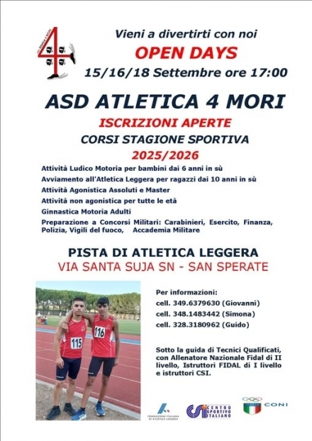 OPEN DAYS CORSI STAGIONE SPORTICA 2025/2026 - Asd Atletica 4 Mori